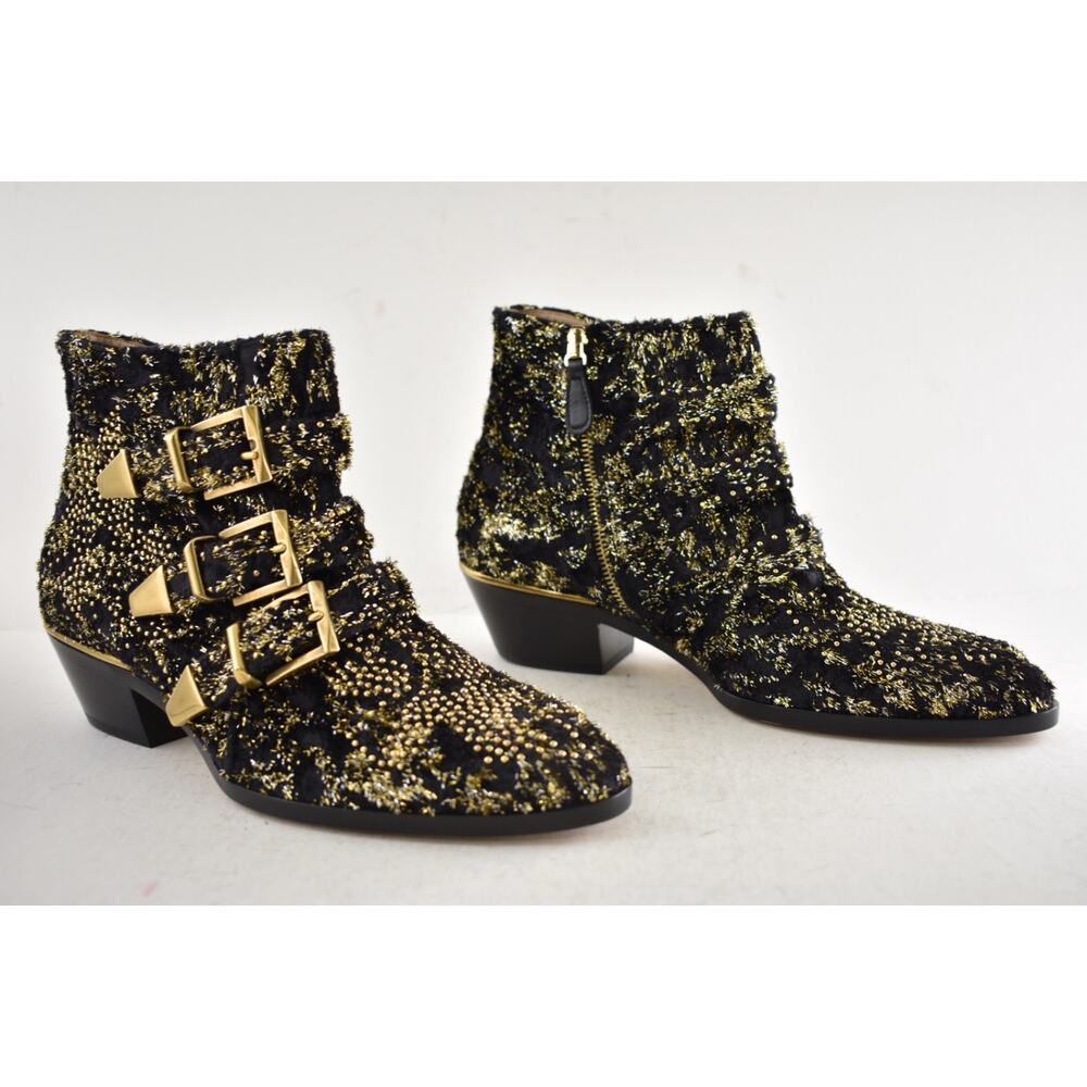 Chloe Suzanna Black Gold Velvet Coupe Studded Short Zipper Ankle Heel Bootie 37 - Picture 3 of 15